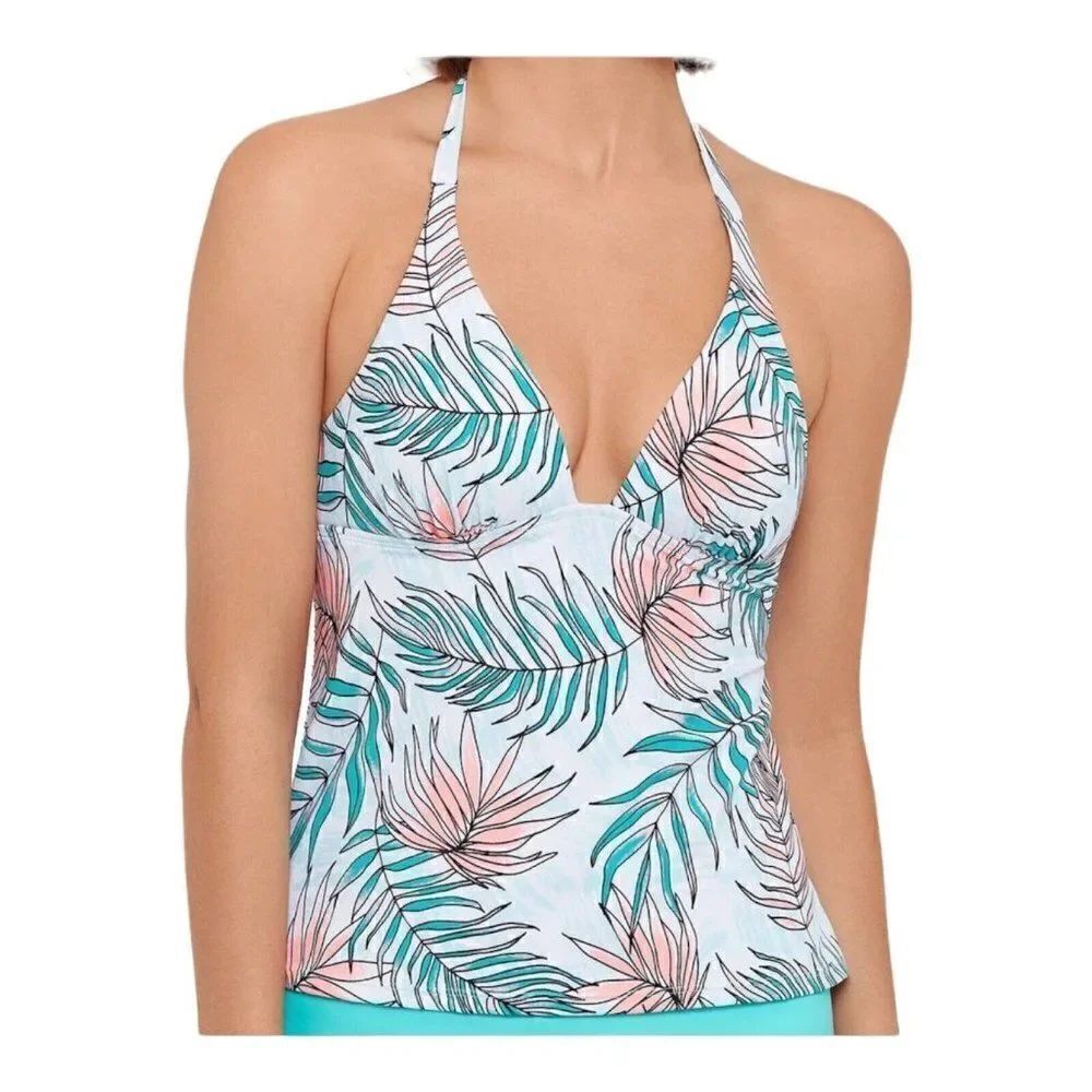 Salt + Cove Blue Tropical Calm Palm Printed Halter Tankini Swim Top XS NWT